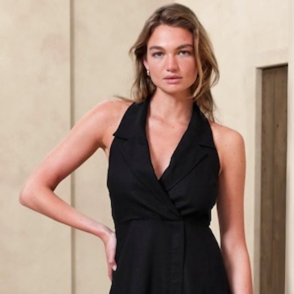 Banana Republic NWT Linen-Blend Knee Length Dress Size 10 Black